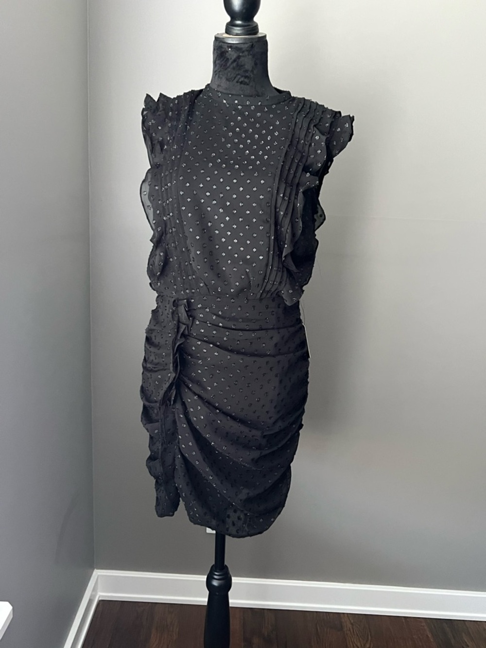 Express Black Ruffle Sleeve Mini Dress with Subtle Dot Texture